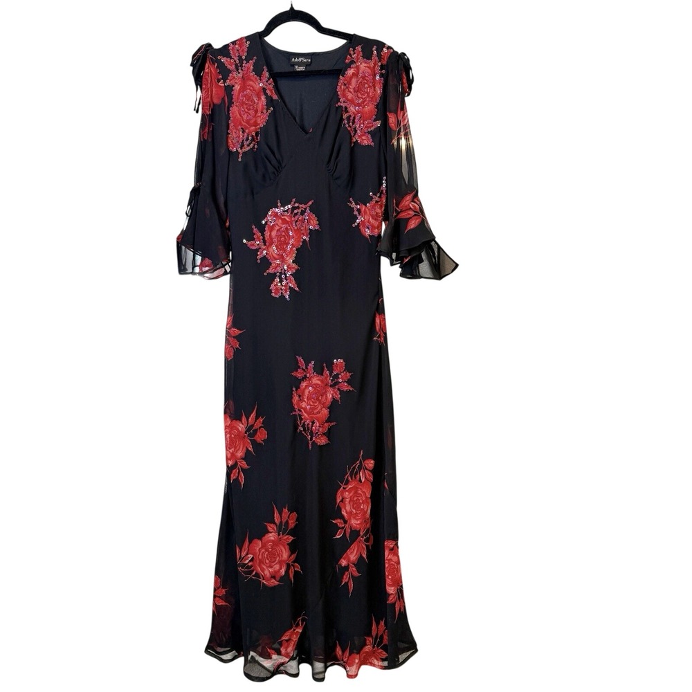 VTG Ash &‎ Sara Babydoll Maxi Dress Medium Y2K Fairy Romantic Sequins Chiffon